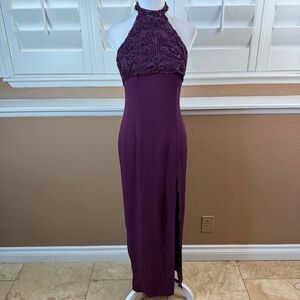 Vintage 90s Beaded Halter Evening Gown Side Slit Formal Prom Dress Y2K Sz S